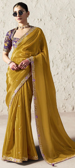 Gold color Saree in Organza Silk fabric with Embroidered, Lace, Sequence, Thread work