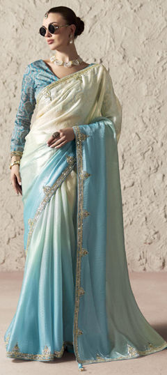 Blue, White and Off White color Saree in Organza Silk fabric with Embroidered, Lace, Sequence, Thread work