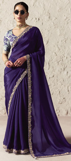 Purple and Violet color Saree in Organza Silk fabric with Embroidered, Lace, Sequence, Thread work