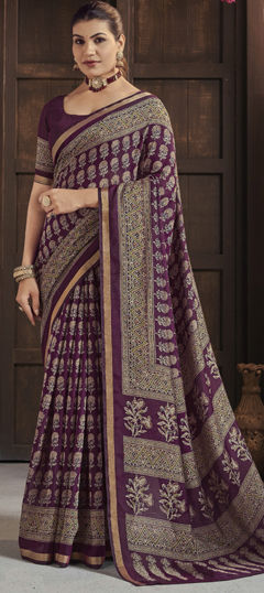 Purple and Violet color Saree in Silk fabric with Printed work