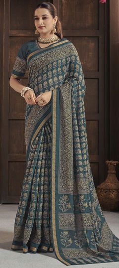 Blue color Saree in Silk fabric with Printed work