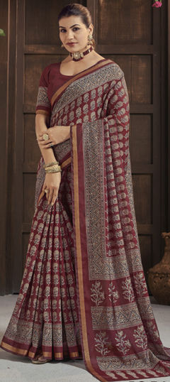 Red and Maroon color Saree in Silk fabric with Printed work