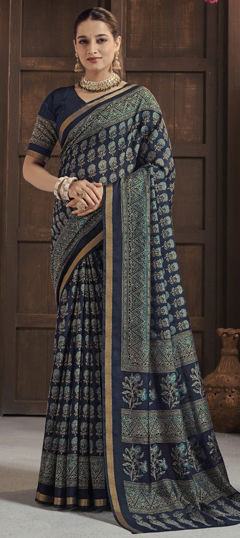 Blue color Saree in Silk fabric with Printed work