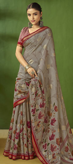 Black and Grey color Saree in Silk fabric with Floral, Printed work