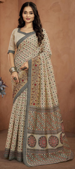 Beige and Brown color Saree in Silk fabric with Printed work