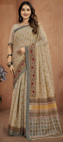 Beige and Brown color Saree in Silk fabric with Printed work