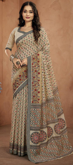 Beige and Brown color Saree in Silk fabric with Printed work