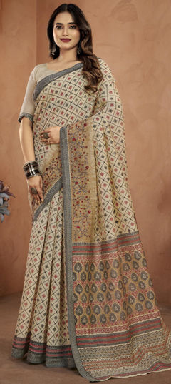 Beige and Brown color Saree in Silk fabric with Printed work