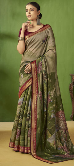 Beige and Brown, Green color Saree in Silk fabric with Printed work