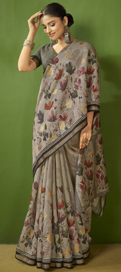 Black and Grey color Saree in Silk fabric with Floral, Printed work