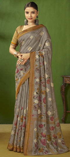 Black and Grey color Saree in Silk fabric with Floral, Printed work