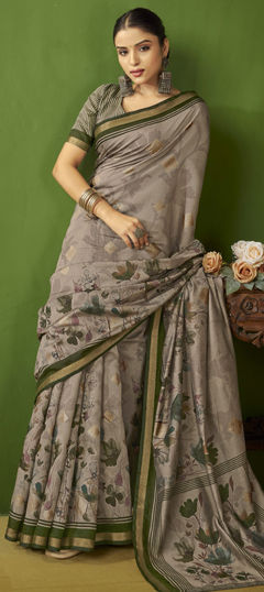 Black and Grey color Saree in Silk fabric with Floral, Printed work