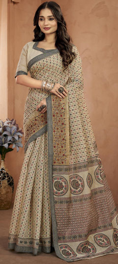 Beige and Brown color Saree in Silk fabric with Printed work