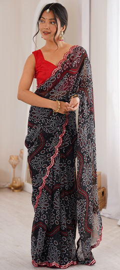 Black and Grey color Saree in Georgette fabric with Bandhej, Mirror, Printed work