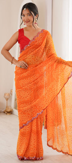 Orange color Saree in Georgette fabric with Bandhej, Mirror, Printed work