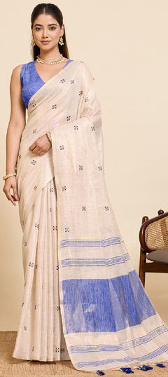 Beige and Brown color Saree in Linen fabric with Embroidered, Weaving work