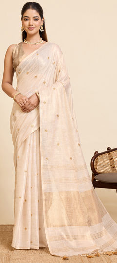 Beige and Brown color Saree in Linen fabric with Embroidered, Weaving work