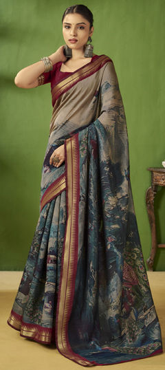 Beige and Brown, Blue color Saree in Silk fabric with Printed work