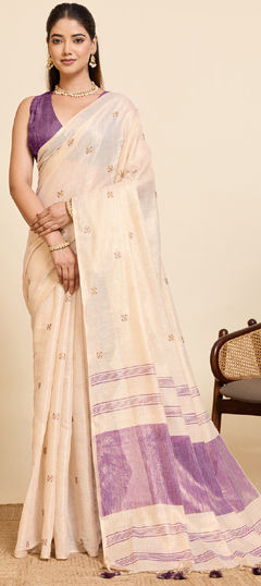 Beige and Brown color Saree in Linen fabric with Embroidered, Weaving work