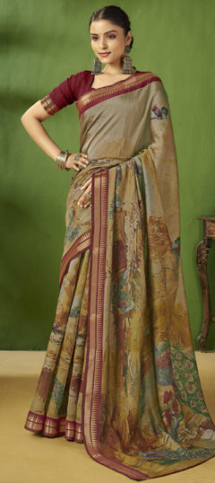 Beige and Brown color Saree in Silk fabric with Printed work
