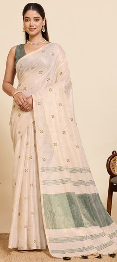 Beige and Brown color Saree in Linen fabric with Embroidered, Weaving work