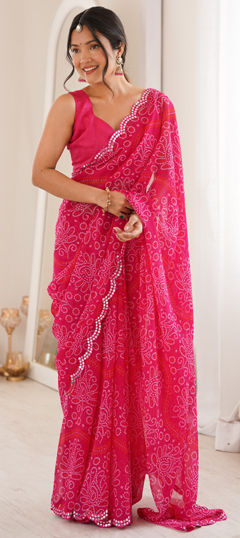 Pink and Majenta color Saree in Georgette fabric with Bandhej, Mirror, Printed work