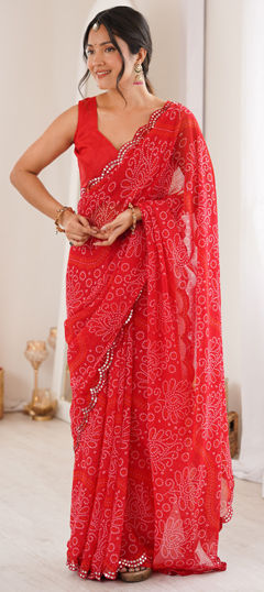 Red and Maroon color Saree in Georgette fabric with Bandhej, Mirror, Printed work