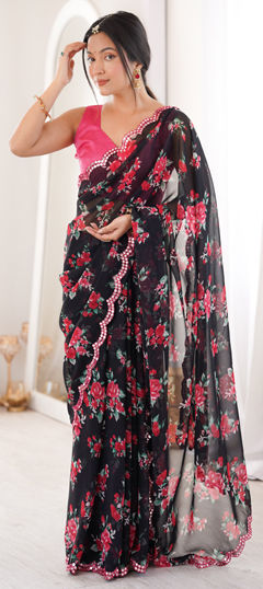 Black and Grey color Saree in Georgette fabric with Floral, Mirror, Printed work