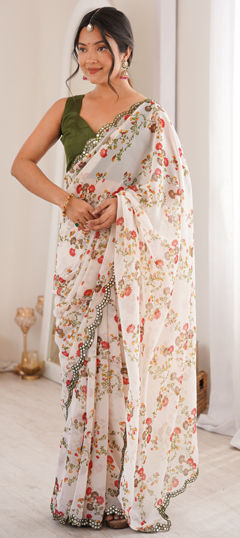 White and Off White color Saree in Georgette fabric with Floral, Mirror, Printed work