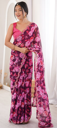 Purple and Violet color Saree in Georgette fabric with Floral, Mirror, Printed work