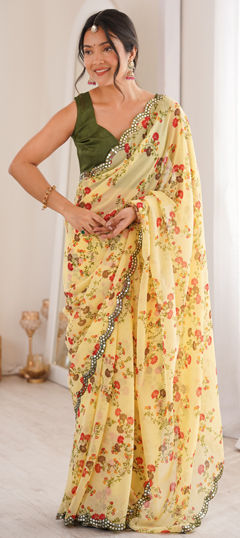 Yellow color Saree in Georgette fabric with Floral, Mirror, Printed work