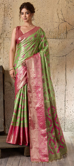 Green color Saree in Silk fabric with Weaving, Zari work
