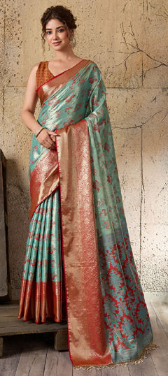 Green color Saree in Silk fabric with Weaving, Zari work