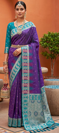 Pink and Majenta color Saree in Silk fabric with Weaving work