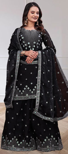 Black and Grey color Salwar Kameez in Tissue fabric with Embroidered, Sequence work