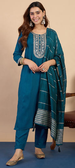 Blue color Salwar Kameez in Blended Cotton fabric with Embroidered work