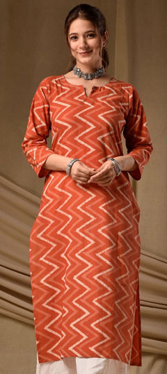 Orange color Kurti in Cotton fabric with Digital Print work