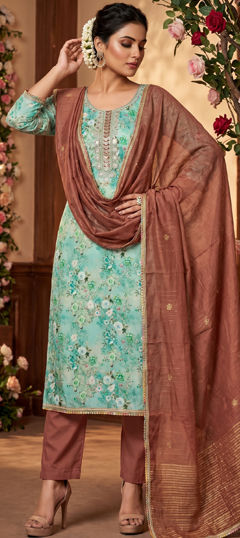 Blue color Salwar Kameez in Banarasi Silk fabric with Bugle Beads, Cut Dana, Digital Print, Floral work