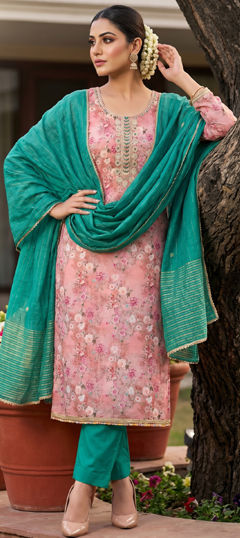 Pink and Majenta color Salwar Kameez in Banarasi Silk fabric with Bugle Beads, Cut Dana, Digital Print, Floral work