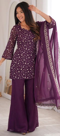 Purple and Violet color Salwar Kameez in Crushed Silk fabric with Embroidered, Sequence, Zari work