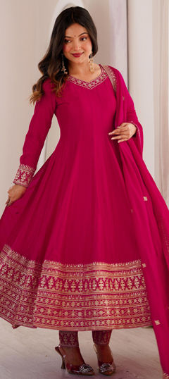 Pink and Majenta color Salwar Kameez in Silk fabric with Embroidered, Sequence, Zari work