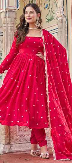 Pink and Majenta color Salwar Kameez in Tissue fabric with Embroidered, Sequence, Thread work