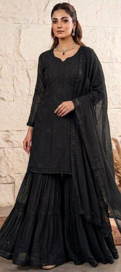 Black and Grey color Salwar Kameez in Georgette fabric with Embroidered, Sequence work
