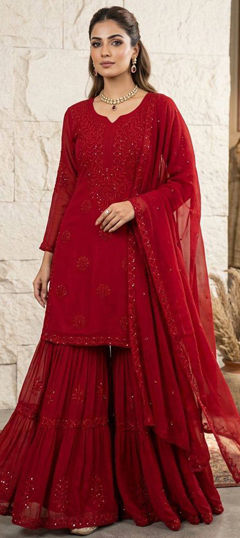 Red and Maroon color Salwar Kameez in Georgette fabric with Embroidered, Sequence work