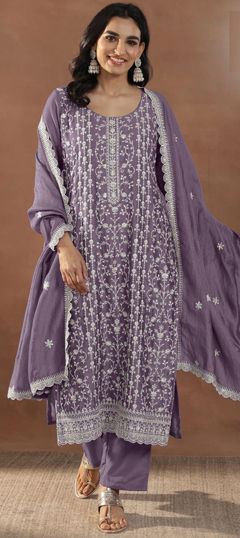 Purple and Violet color Salwar Kameez in Crushed Silk fabric with Embroidered work