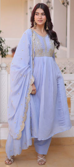 Purple and Violet color Salwar Kameez in Mul Chanderi fabric with Embroidered, Sequence work