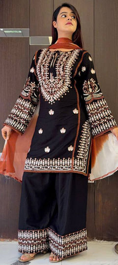 Black and Grey color Salwar Kameez in Cotton, Rayon fabric with Embroidered work