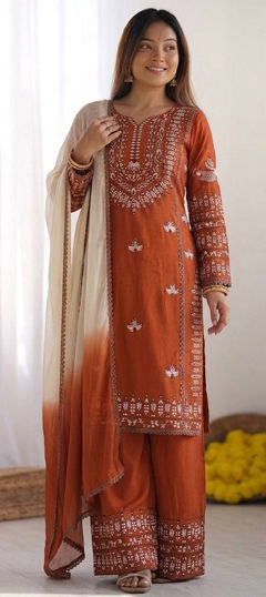 Orange color Salwar Kameez in Cotton, Rayon fabric with Embroidered work