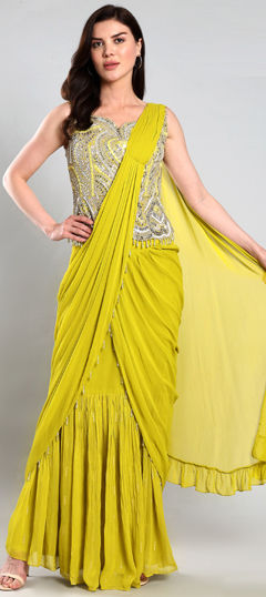 Yellow color Readymade Saree in Silk fabric with Bugle Beads, Kundan, Sequence work