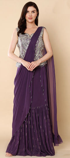 Purple and Violet color Readymade Saree in Silk fabric with Bugle Beads, Kundan, Sequence work